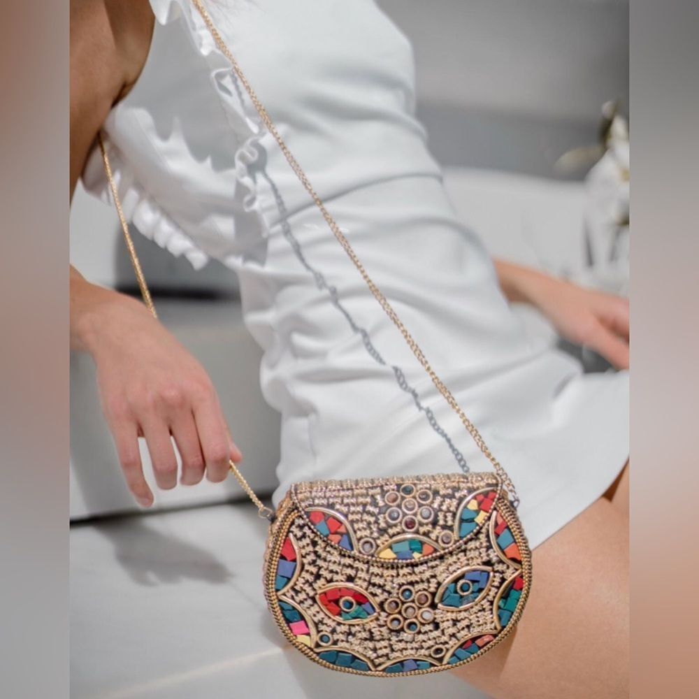 RAMLA Rio mosaicā handcrafted gold multicolor shoulder bag clutch new